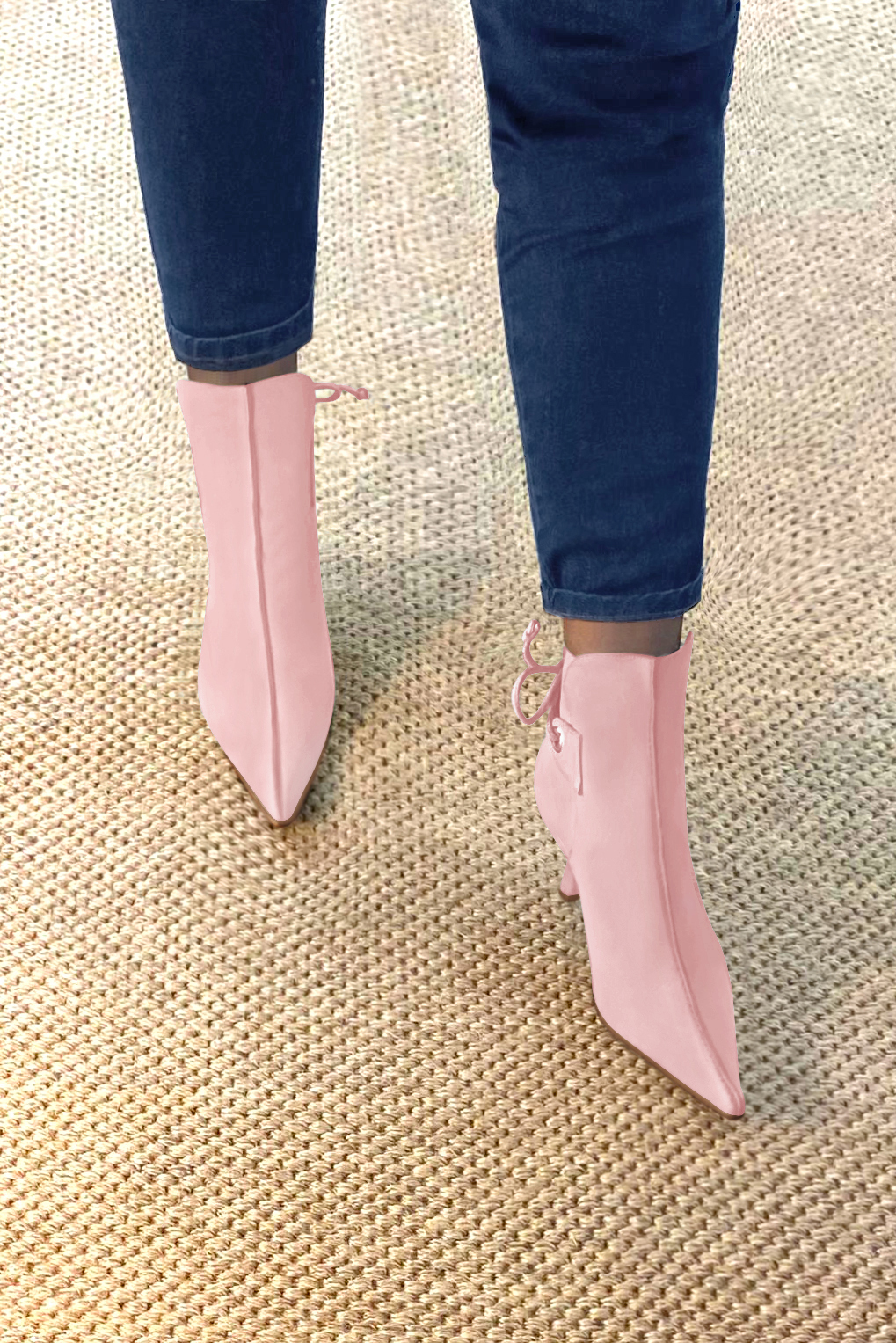 Light pink women's ankle boots with laces at the back. Pointed toe. High slim heel. Worn view - Florence KOOIJMAN